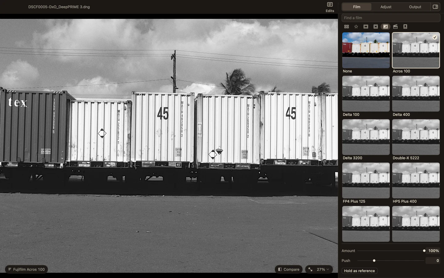 The Film page in Milkglass showing the black and white stocks, Fujifilm Acros 100 selected beside a photograph of shipping containers.
